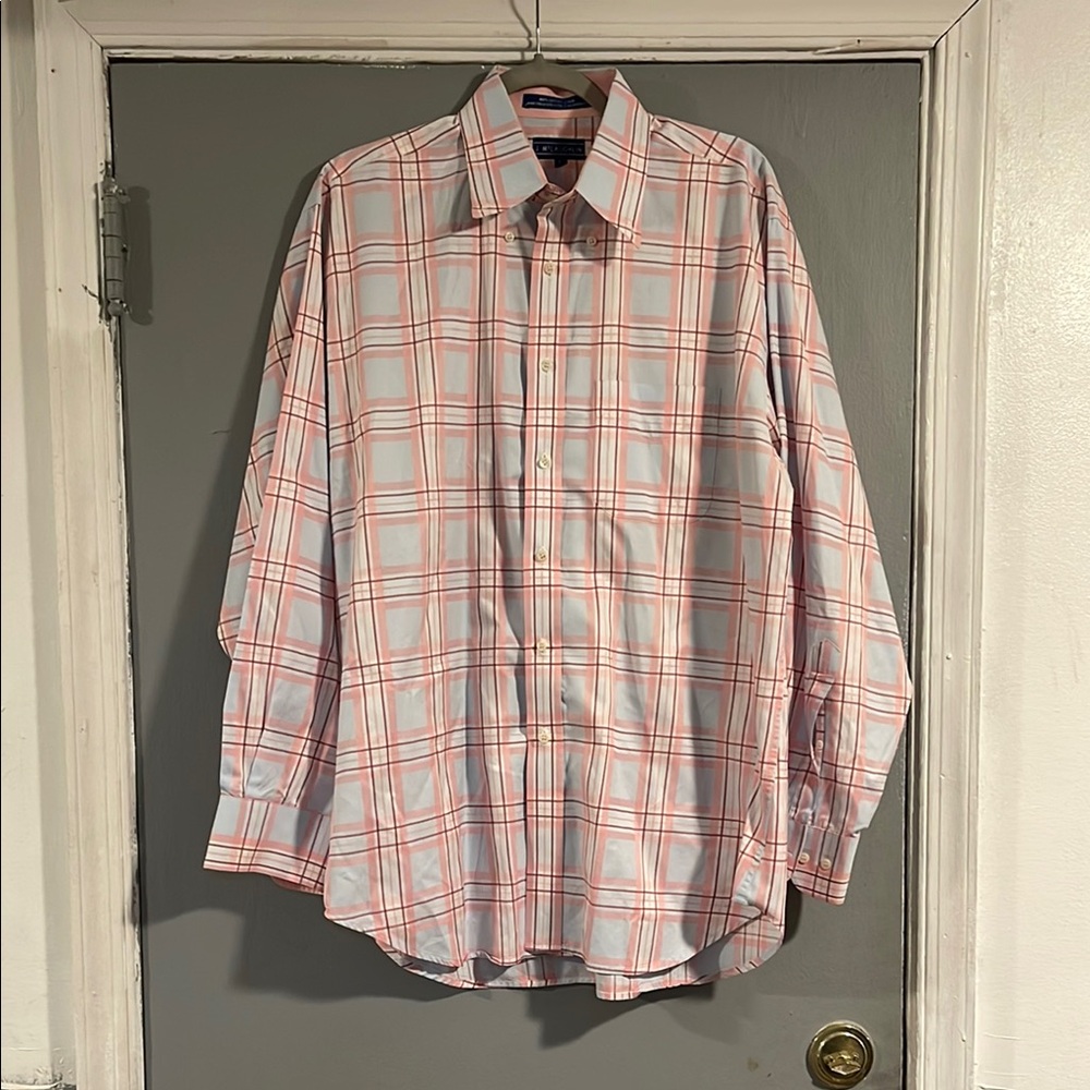 J. McLaughlin Pink and Blue Dress Shirt Plaid Pattern